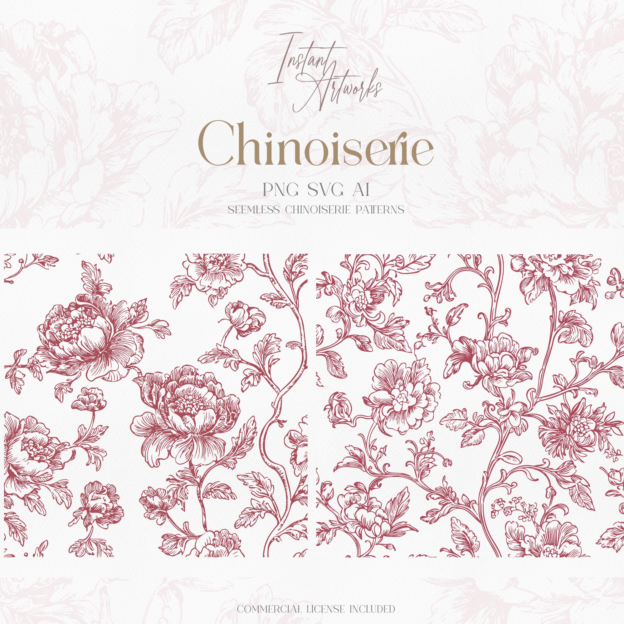 Rose Chinoiserie Floral Seamless Patterns, Vintage Clipart (PNG, SVG ...