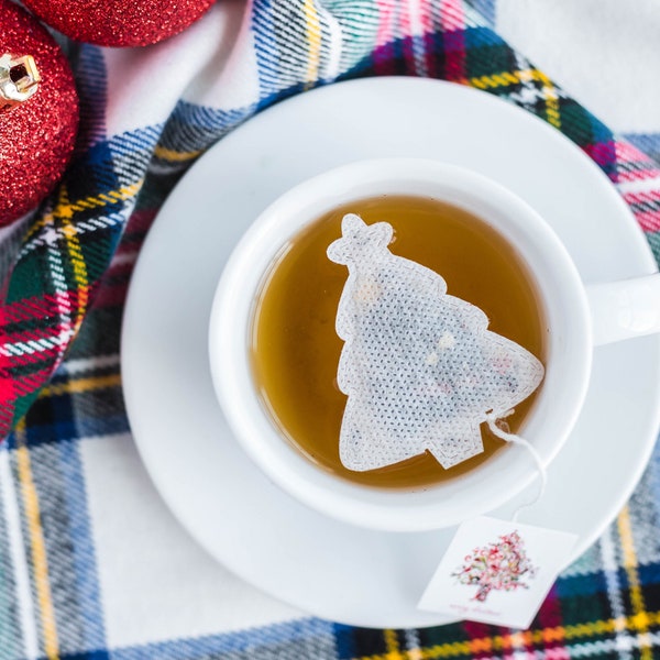 5 Christmas tree shaped tea bags for hostess thank you gift or housewarming party. Evergreen tree stocking stuffers for mom, sister or aunt.