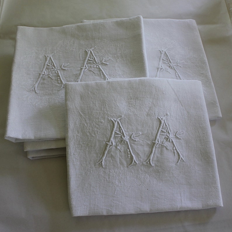 Set of 10 Antique French White Monogrammed Napkins A A plus 1