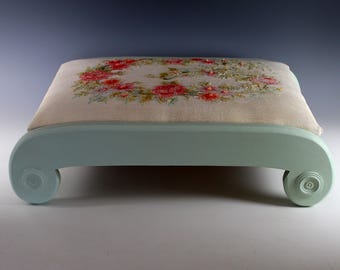 Vintage Refurbished Cottage Needlepoint Footstool Ottoman