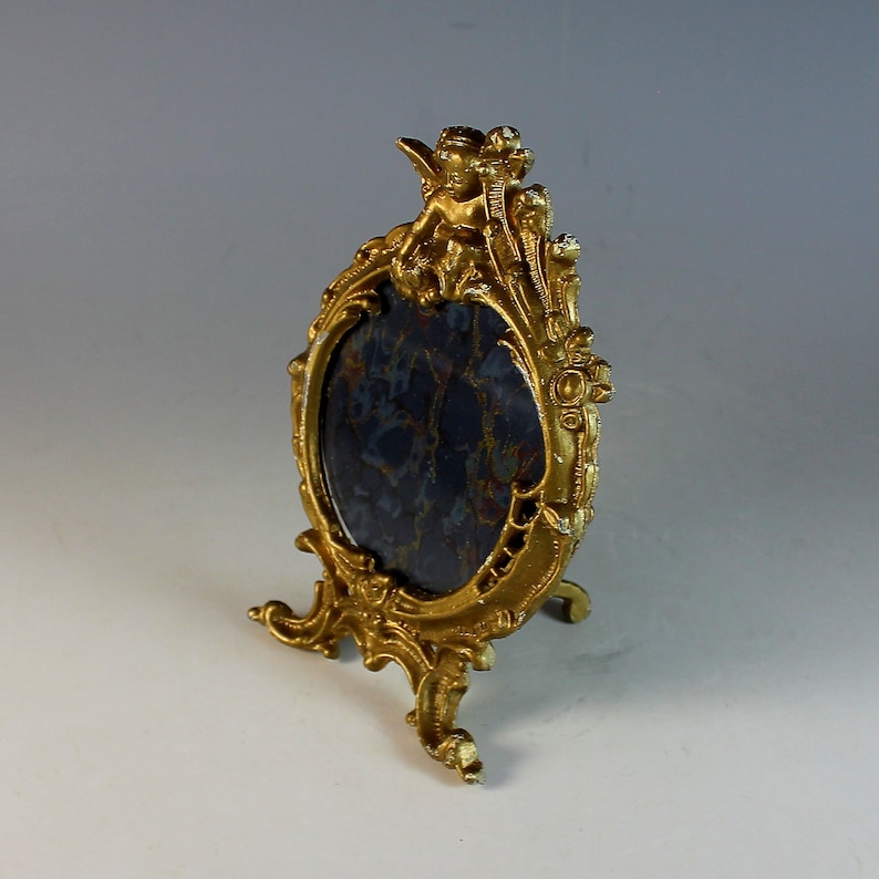 Vintage Gilded Metal Round Picture Frame with Angel
