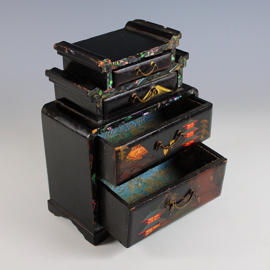 Antique Japanese Pagoda Jewelry Box with Drawers Etsy