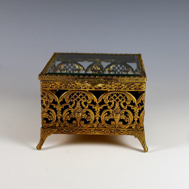 Vintage Gilded Metal and Beveled Glass Hinged Box - Etsy