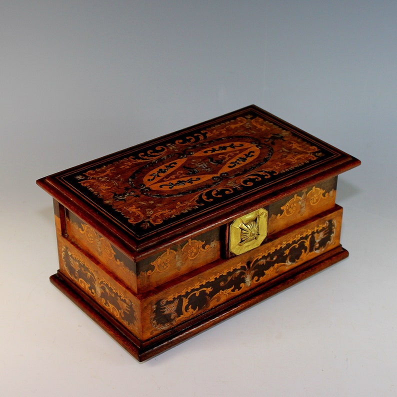 Vintage Marquetry Inlaid Wood Jewelry Box with Drawers Etsy
