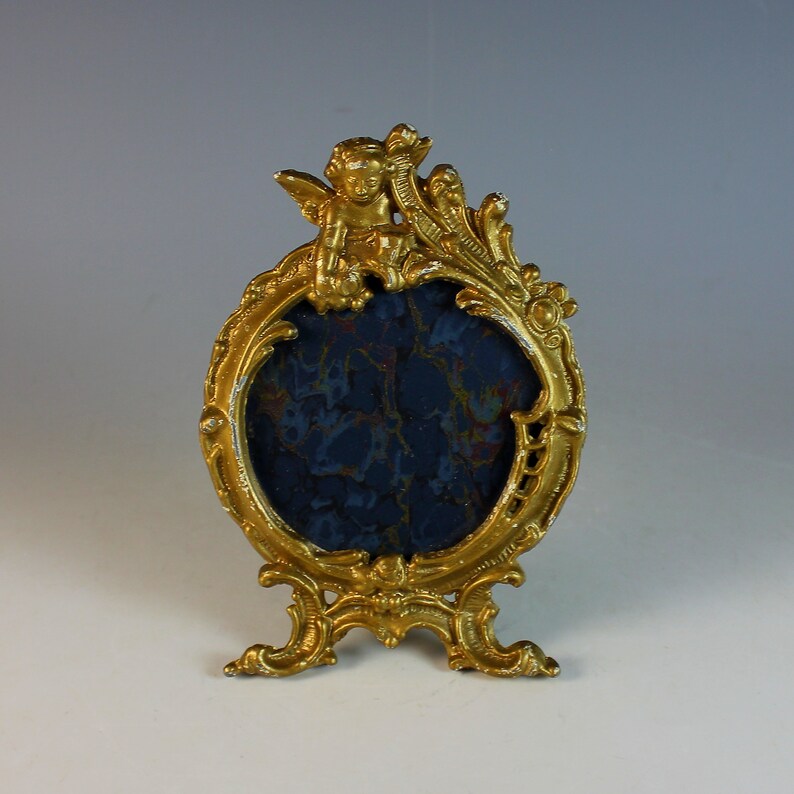 Vintage Gilded Metal Round Picture Frame with Angel
