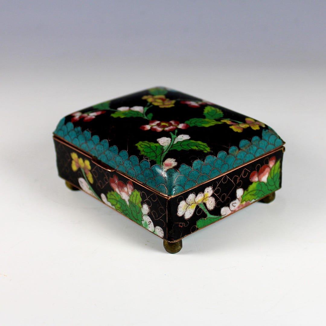 【希少/大判】伝統工芸 景泰藍 七宝Chinese Cloisonne Box Antique Chinese Cloisonne Blue Black Enamel Floral Hinged