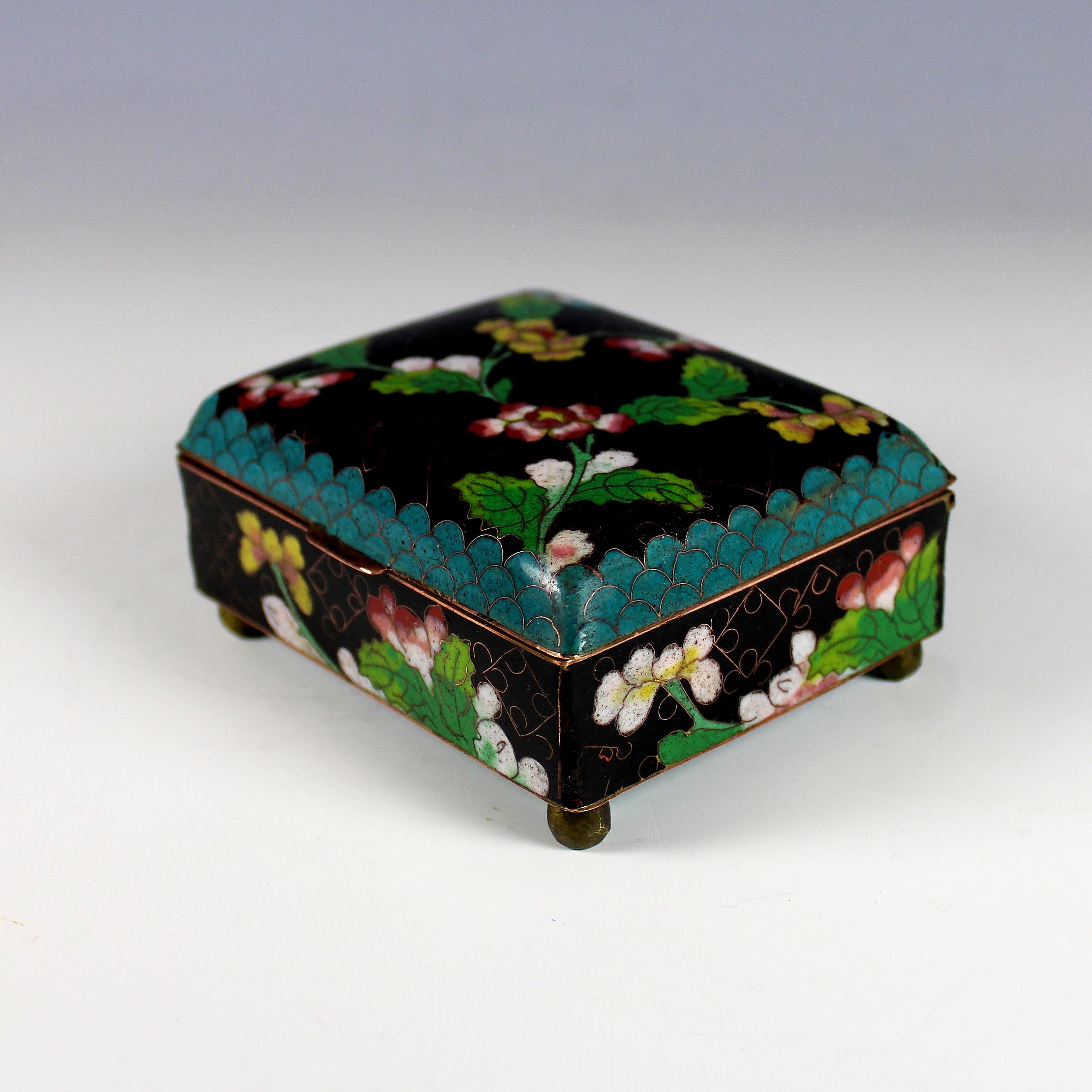 Antique Chinese Cloisonne Blue Black Enamel Floral Hinged