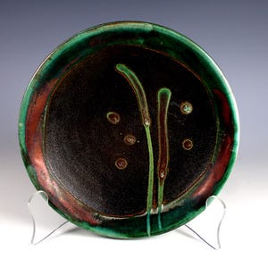 Tony Evans Postmodern Raku Pottery Vessel Bowl Plate Dish Green Signed