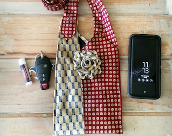 Red gold necktie evening purse, red tie weekend bag, gift for college student, repurposed tie purse, unique necktie handbag