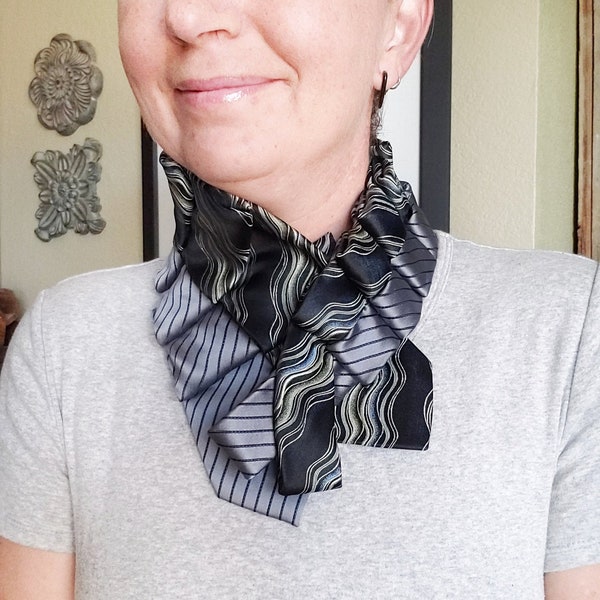 Silver and black ruffle tie necklace, geometric silk ruffle collar, black steampunk cowl, ladies necktie necklace, repurposed tie scarf