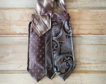 Upcycled brown necktie crossbody bag, vintage necktie accessory  purse, repurposed tie shoulder tote, steampunk style handbag, tie purse