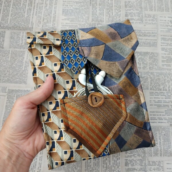 Ecofriendly tablet case using upcycled neckties, earth tone tie tablet bag, gift for book lover, necktie electronic case