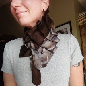 Carob brown necktie silk cowl, rich brown ruffle silk scarf, steampunk ruffle cowl scarf, repurposed tie scarf