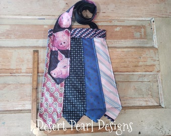 Pink pig necktie shoulder bag, repurposed tie purse, unique pig print bag, bold pig shoulder purse, gift for her, ecofriendly purse, pigs