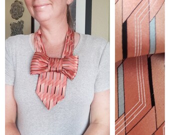 Cantaloupe orange bowtie necklace, orange ladies bowtie necktie, womens silk bowtie, gift for her, steampunk bowtie scarf, vintage clothing