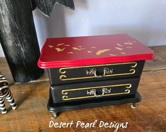 Red bat jewelry box, gothic keepsake box, golden bat wooden case, repurposed vintage trinket box, unique jewelry gift, red bat decor, box