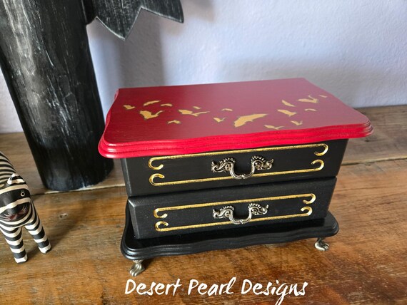 Red bat jewelry box, gothic keepsake box, golden bat wooden case, repurposed vintage trinket box, unique jewelry gift, red bat decor, box