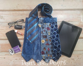 Vintage necktie crossbody bag, repurposed blue tie purse, gift for her, retro steampunk clothing, blue silk necktie bag, ecofriendly purse