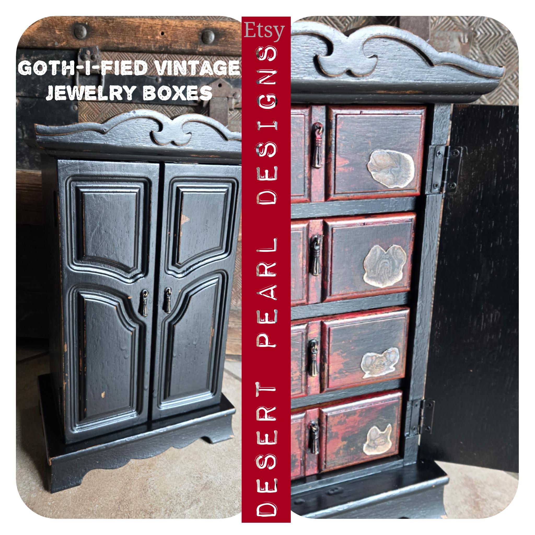 Bat vintage jewelry armoire, gothic refinished decor, bat wooden organizer, repurposed jewelry box, gift for her, vampire home decor, box