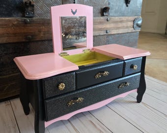 Pastel goth jewelry box, pink bat trinket box, repurposed wooden box, glitter pink armoire, gift for her, vintage bat box, music box