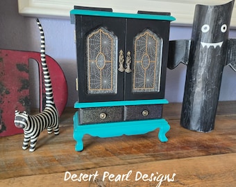 Spider web teal jewelry box, gothic trinket bod, blue web wooden box, gothic spider decor, steampunk decor, vintage wooden jewelry box