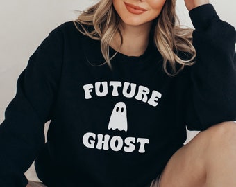 Zukünftiger Geist Schwarzes Rundhals-Sweatshirt, Trendy College-Halloween-Party-Grafik-Sweatshirt, hässlicher Feiertags-Pullover, Geist, gruseliges, lustiges Geschenk