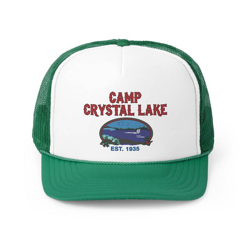 Woman wearing a Camp Crystal Lake Trucker Hat with green mesh and a green bill, Friday The 13th, 1980'S Camp Counselor Hat, Horror Trucker Hat, Jason Voorhees, Vintage Trucker Cap, Slasher horror movie hat