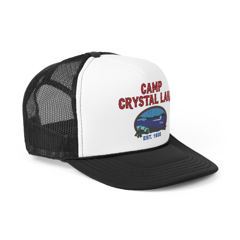 Side angle of a Camp Crystal Lake Trucker Hat with black mesh and a black bill, Friday The 13th, 1980'S Camp Counselor Hat, Horror Trucker Hat, Jason Voorhees, Vintage Trucker Cap, Slasher horror movie hat