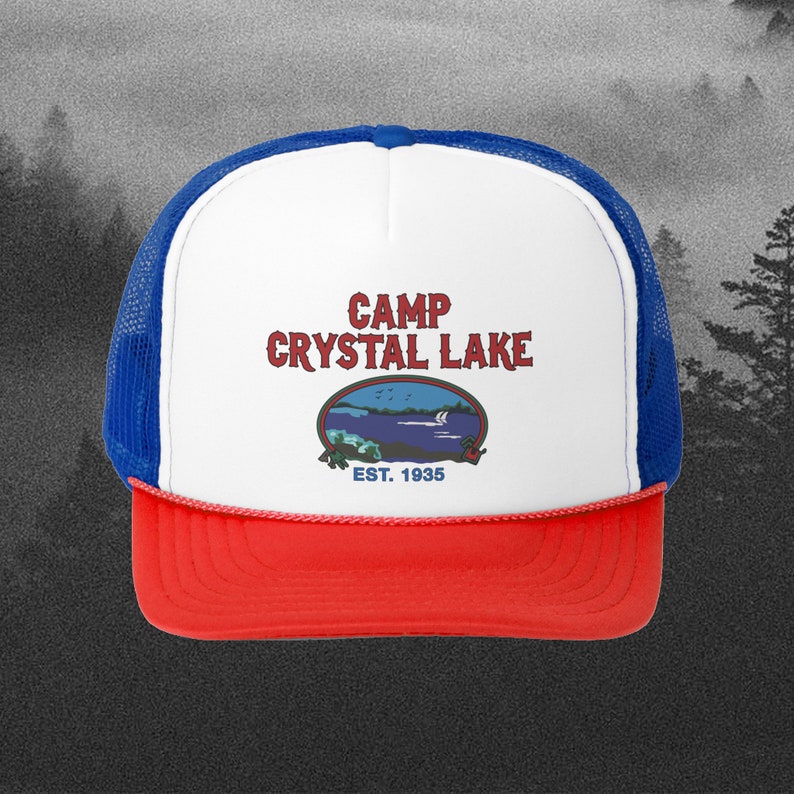 Camp Crystal Lake Trucker Hat with blue mesh and a red bill, Friday The 13th, 1980'S Camp Counselor Hat, Horror Trucker Hat, Jason Voorhees, Vintage Trucker Cap, Slasher horror movie hat