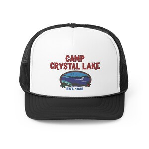 Camp Crystal Lake Trucker Hat with black mesh and a black bill, Friday The 13th, 1980'S Camp Counselor Hat, Horror Trucker Hat, Jason Voorhees, Vintage Trucker Cap, Slasher horror movie hat