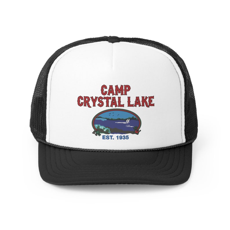 Camp Crystal Lake Trucker Hat with black mesh and a black bill, Friday The 13th, 1980'S Camp Counselor Hat, Horror Trucker Hat, Jason Voorhees, Vintage Trucker Cap, Slasher horror movie hat
