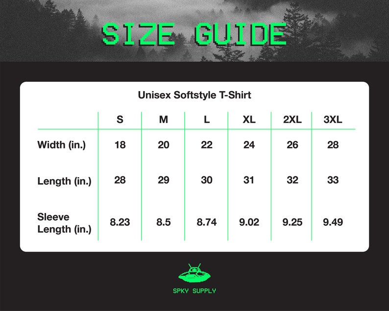 K&ouml;nnte beinhalten: Gr&ouml;&szlig;entabelle f&uuml;r ein Unisex Softstyle T-Shirt. Die Tabelle zeigt die Breite, L&auml;nge und &Auml;rmell&auml;nge in Zoll f&uuml;r die Gr&ouml;&szlig;en S, M, L, XL, 2XL und 3XL.