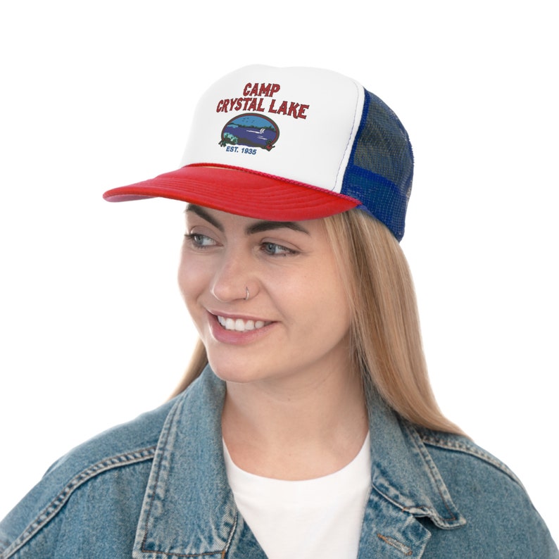 Woman wearing a Camp Crystal Lake Trucker Hat with blue mesh and a red bill, Friday The 13th, 1980'S Camp Counselor Hat, Horror Trucker Hat, Jason Voorhees, Vintage Trucker Cap, Slasher horror movie hat