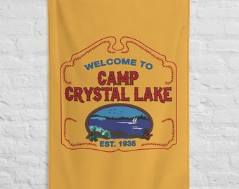 Tapiz de letrero de Camp Crystal Lake, viernes 13 fiesta de Halloween, consejero de campamento de los años 80, disfraz del viernes 13, arte de pared de película de terror