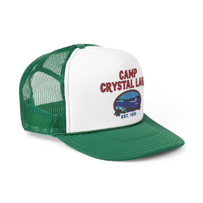 Side angle of a Camp Crystal Lake Trucker Hat with green mesh and a green bill, Friday The 13th, 1980'S Camp Counselor Hat, Horror Trucker Hat, Jason Voorhees, Vintage Trucker Cap, Slasher horror movie hat