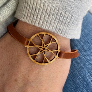 Leather bracelet, cancer awareness bracelet, cancer ribbon, wood charm bracelet