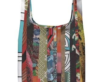 Peut inclure: Un sac de courses réutilisable avec un motif patchwork coloré. Le sac présente des rayures verticales de différents motifs et couleurs, notamment le rouge, le bleu, le vert et le blanc. Le sac est de forme rectangulaire avec une poignée.