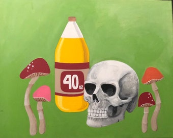 Skull, mushroom, 40oz acrylic painting