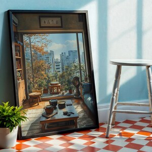 Gemütliches japanisches Wohnungsposter – Herbst Interior Szene Wandkunst