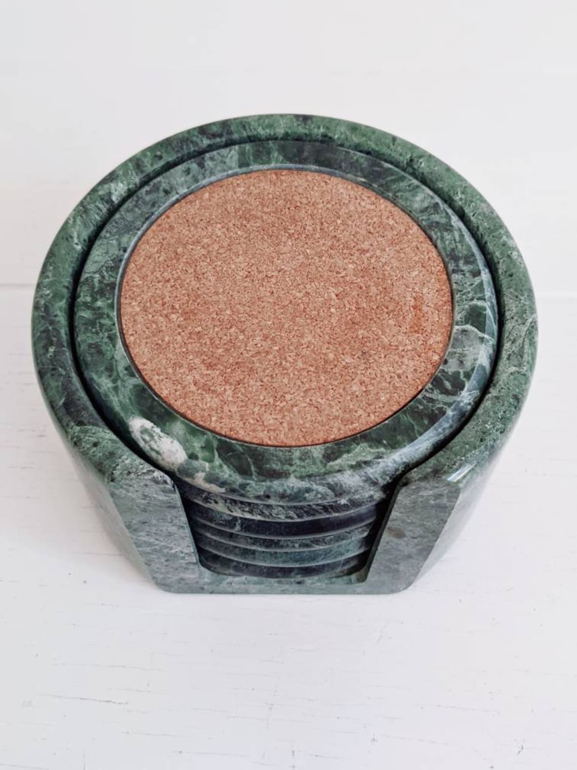 1980s Natural Green Marble Coasters With Cork Top. 7 Piece Set Etsy