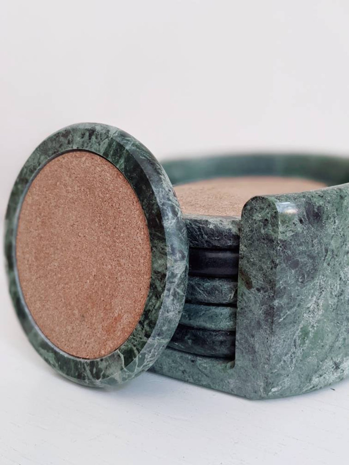 1980s Natural Green Marble Coasters With Cork Top. 7 Piece Set Etsy