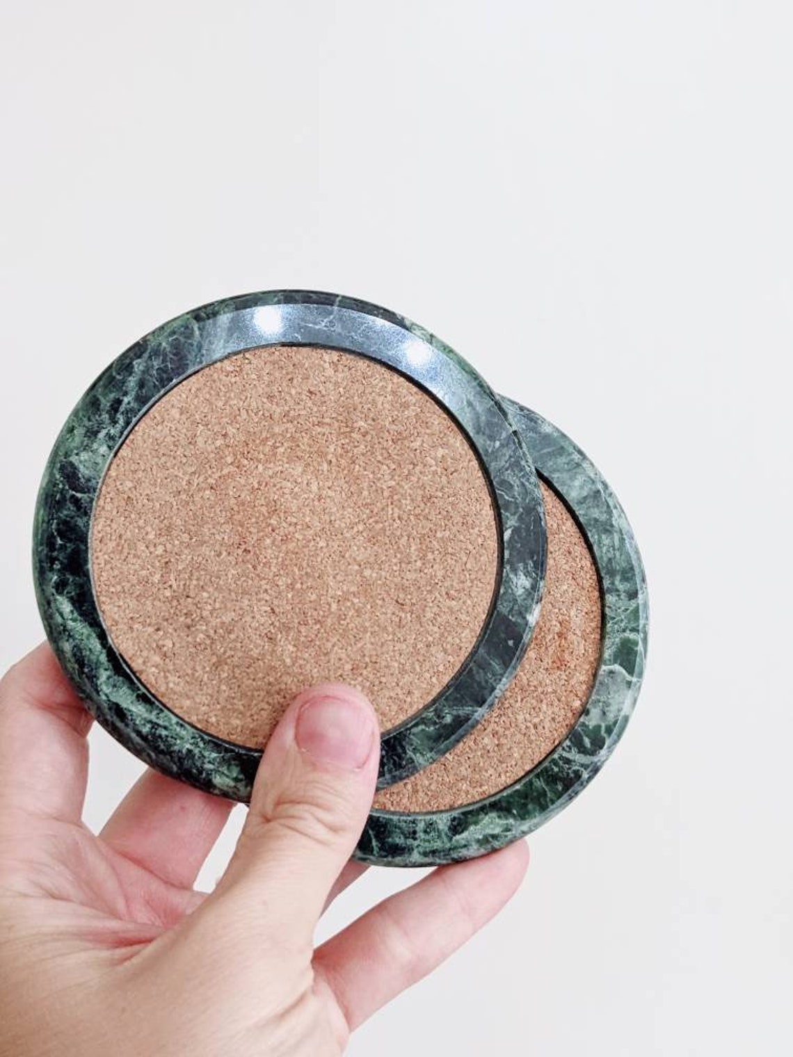 1980s Natural Green Marble Coasters With Cork Top. 7 Piece Set Etsy