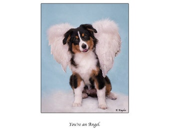 Angel, You're an angel, Thank you card, Mother's Day, get well card, mini Australian Shepherd, wings, dog card, Kathy Kupka