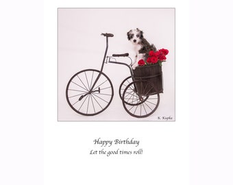 Aussiedoodle, Happy Birthday card, Birthday card, dog greeting card, let the good times roll, bike, bicycle, tricycle, roses, Kathy Kupka