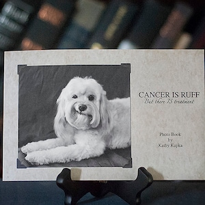 May include: A black and white photo of a dog with the text "CANCER IS RUFF But there IS treatment" and "Photo Book by Kathy Kupka".