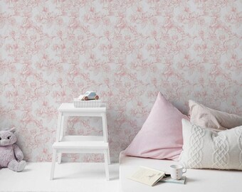 May include: A white step stool with a pink floral wallpaper background. A pink pillow and a white knitted pillow are on a white bed with a book and a cup on top.