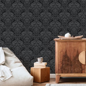 Dark Damask Wallpaper #188 - Peel & Stick Wallpaper - Temporary Wallpaper - Pre-Pasted Wallpaper - Traditional Wallpaper by Eazywallz