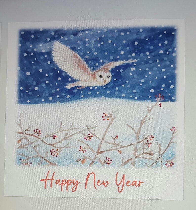 May include: A watercolour painting of a white barn owl flying through a snowy night sky. The owl has a brown and white pattern on its wings. The sky is blue with white dots representing snow. The text "Happy New Year" is written in orange at the bottom of the image.