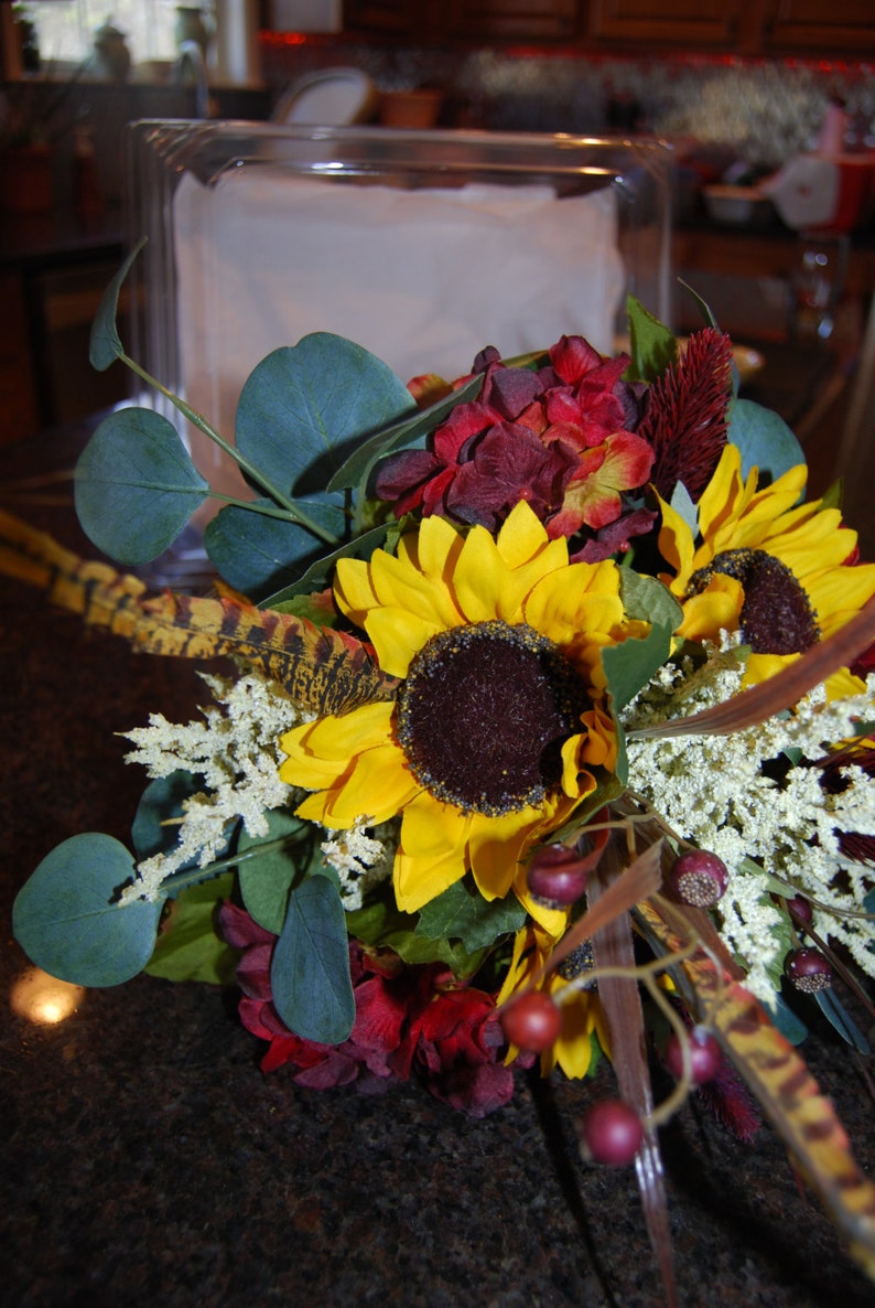 burgundy hydrangea pheasant feather farm Wedding fall Rustic Wedding bouquet rustic country summer Bridal Bouquet sunflower