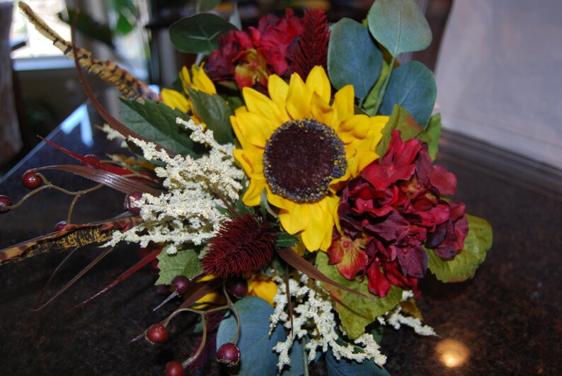 burgundy hydrangea pheasant feather farm Wedding fall Rustic Wedding bouquet rustic country summer Bridal Bouquet sunflower